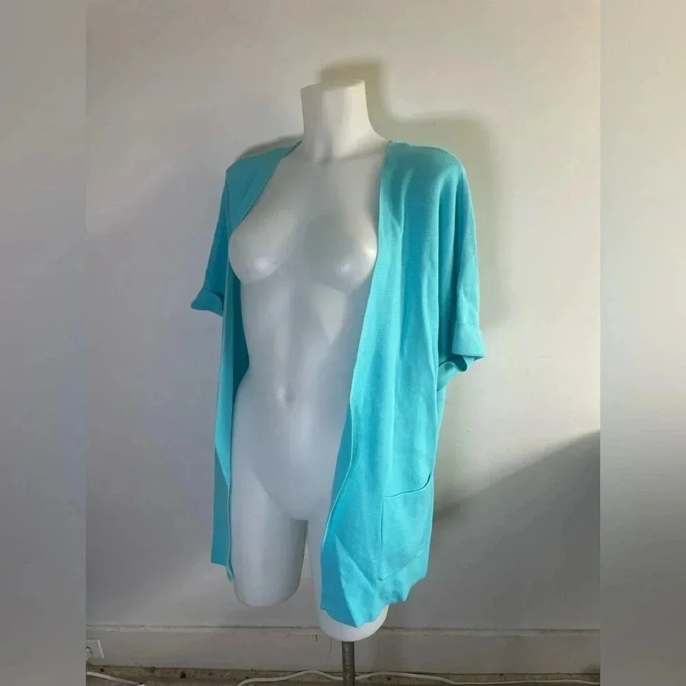 Talbots short sleeve‎ open front cardigan duster Turquoise Blue Pockets LP 0059
